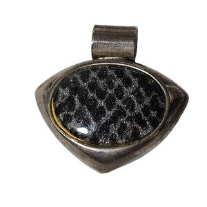 Vintage Elegant Triangular Pendant Silver Tone Black Fabric Statement Jewelry